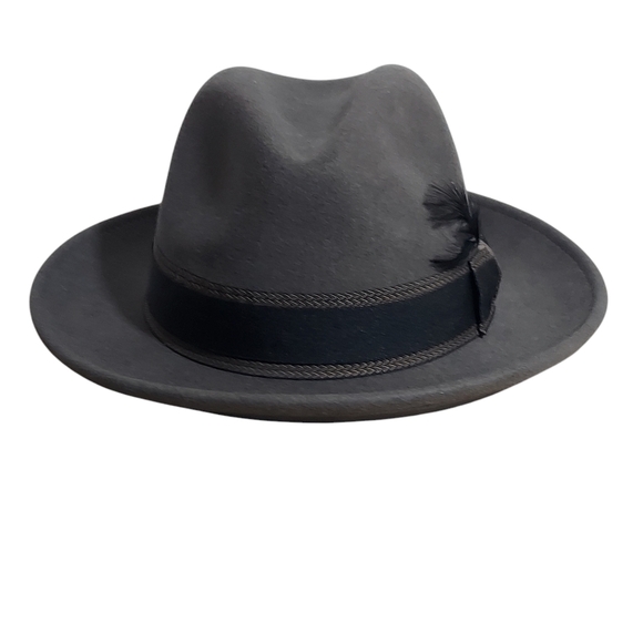 Hats in the Belfry 100% Gray Wool Fedora Black bow hatband and feather - Picture 9 of 15